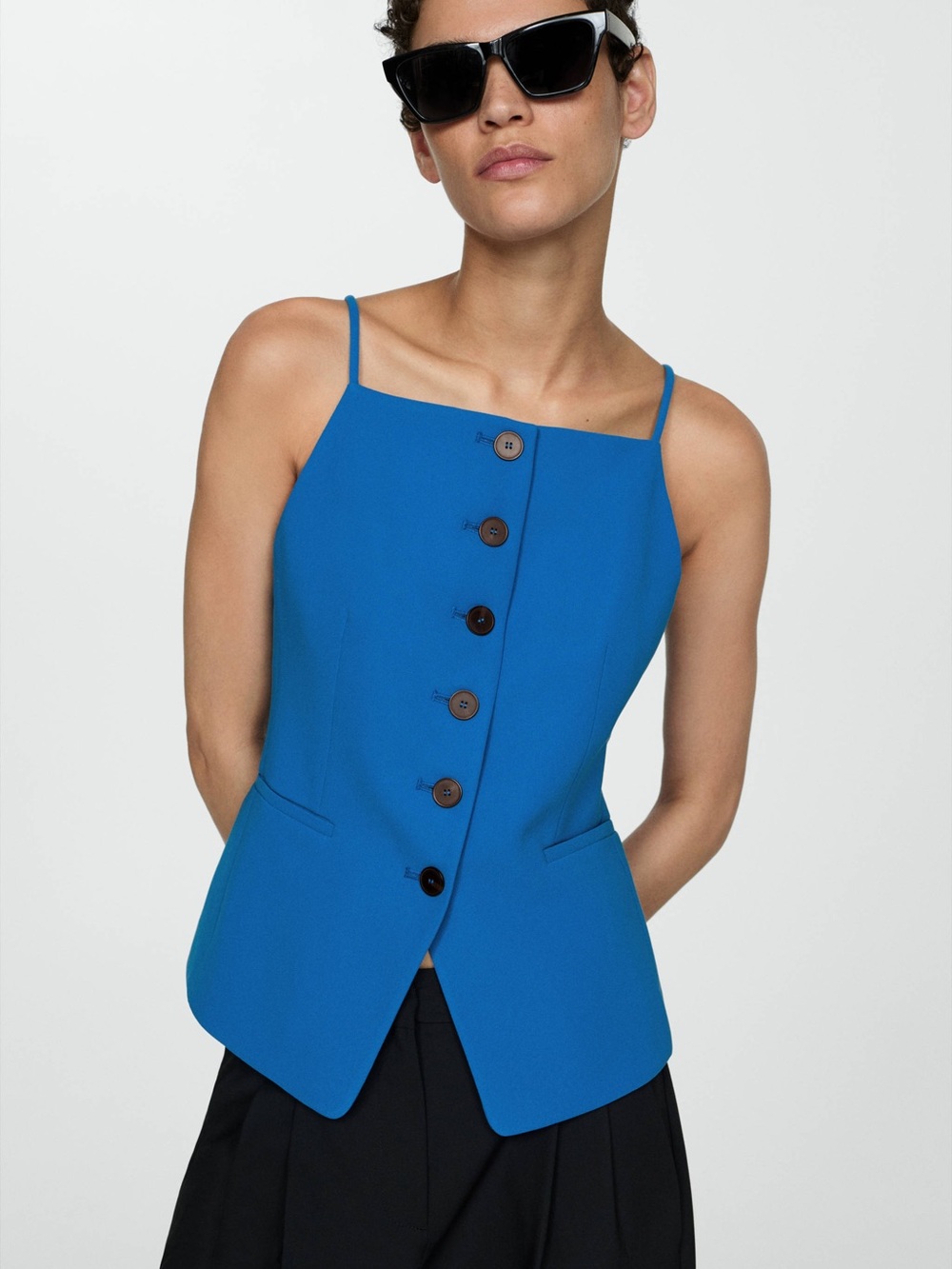 Nicole Miller Blue Button-Front Spaghetti Strap Top